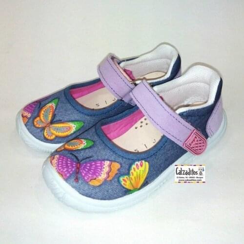 Merceditas de textil azul con estampado de butterflies, de Lonettes Zapy for girls