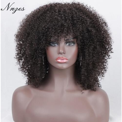 NNZES Short Afro Kinky Curly Synthetic Wigs Natural Looking Dark Brown Mixed Black Hair for Women High Temperature Fiber