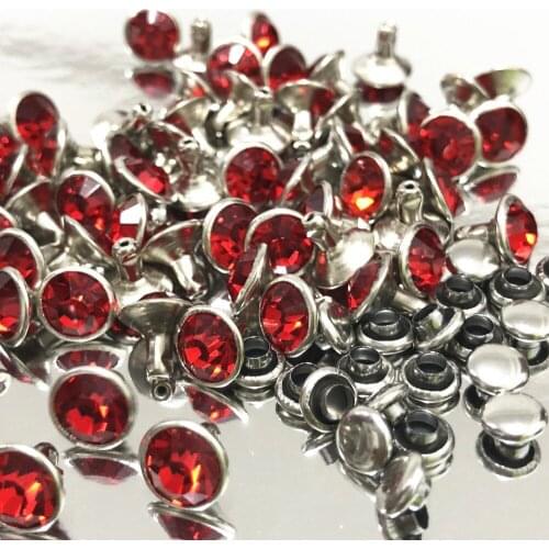 New 8MM 50 Sets Cz++ Light Siam Red Crystal Rivets Silver Plated Spots Studs Double Cap for DIY Leather-Craft Making