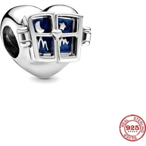 New Original Silver Color Blue MOM Bead Window Charm Fit European Pandora Charms Bracelet Bangles Diy Jewelry P058