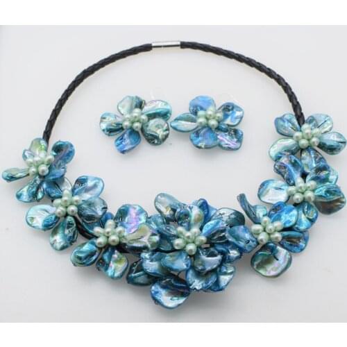One Set Freshwater Pearl blue rice +shell flat Flower 46cm Necklace Earrings Wholesale for women xmas gift