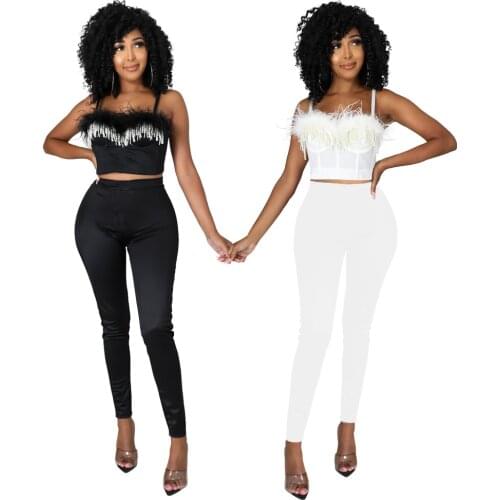 Adogirl Beadding Feather Sexy Two Piece Set Spaghetti Straps Pullover Pencil Pants Suit For Women Night Club Party Clothes 2021