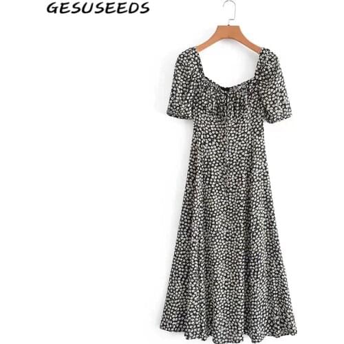 Summer Short Sleeve Dress Women Elegant Party Dresses Floral Print Midi Dress Square Neck Lace Up Split Dresses Black Yellow