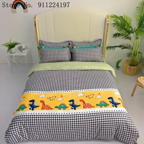 Cartoon Dinosaur Duvet Cover For Children Home Textile Comforter Bedding Set Cartoon Printing Luxury Black Grid Quilt Cover