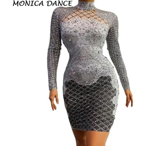 Sexy Stage Bright Silver Rhinestone Short Dress Birthday Celebrate Dress Elasticity Outfit Prom Party Women Dance Dress