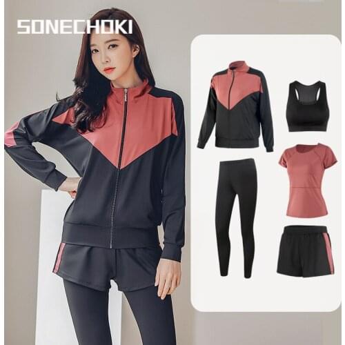 SONECHOKI 5pcs Yoga Set Women Patchwork Compression Sportswear For Female Gym Clothing Running Fitness Jogging Workout Tracksuit