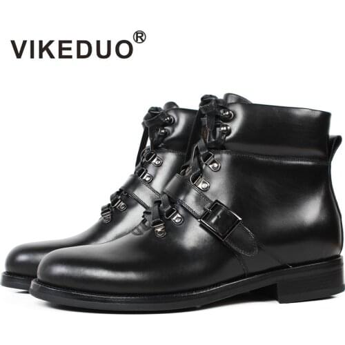 VIKEDUO New Winter Mens Boots Genuine Cow Leather Lace-up Handmade Motorcycle Boots Male Wedding Office Patina Bespoke Botas