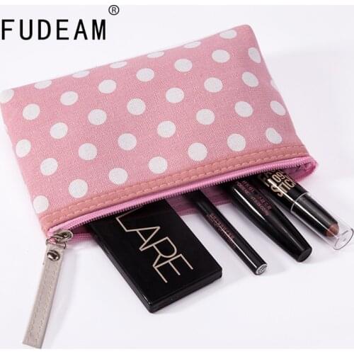 FUDEAM Canvas Dot Print Pattern Women Cosmetic Bag Toiletry Storage Organize Zipper MakeUp Bag Travel Portable Female Wash Pouch