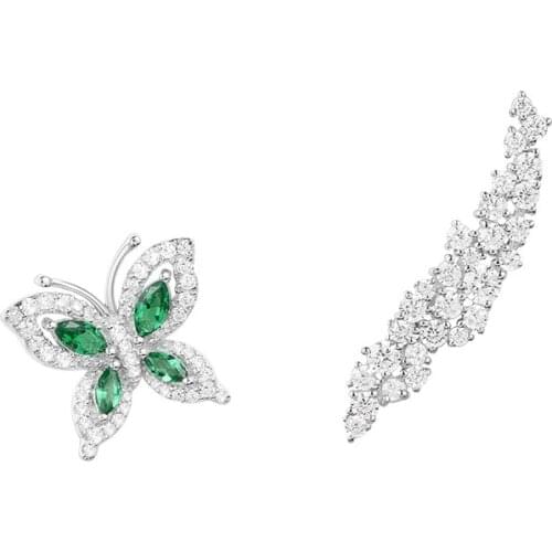 SLJELY Real 925 Sterling Silver Asymmetry Green CZ Stones Butterfly Earrings Micro Cubic Zirconia Women Party Luxury Jewelry