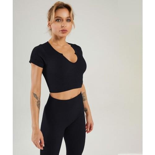 Women V-Neck Yoga Set High Waist Running Leggings & Short Sleeve U-Neck Sports Top Stretch Fitness Gym Outfits Workout Set