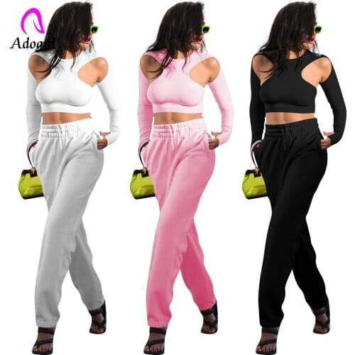 Fitness Women 2 Piece Set Long Sleeve Hollow Out Crop Top + Jogging Pants Matching Set Tracksuit 2021 Autumn Workout Activewear