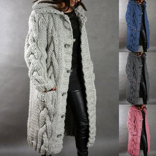 Women Winter Long Sleeve Twist Knitted Cardigan Pocket Buttons Thicken Warm Outwear Hooded Coat