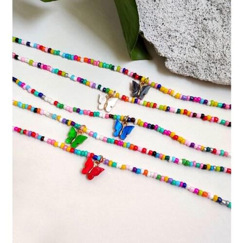 Flatfoosie Colorful Beads Necklace Acrylic Butterfly Strand Beaded Choker Necklace For Women Cute Pendant Jewelry Trendy Party