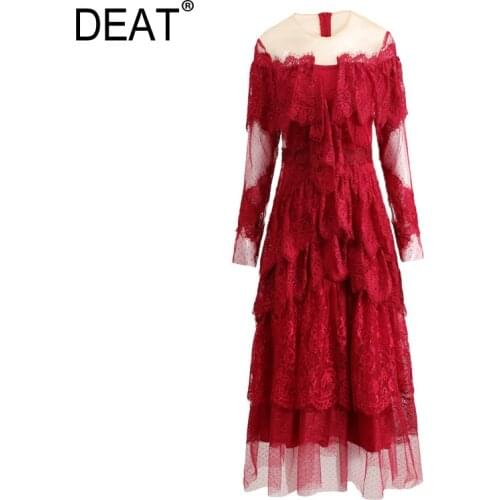 DEAT Woman Maxi Dress Cakes Ruffles Round Collar Long Sleeve High Waist Vintage Style Elegant Organza 2021 New Summer 15XF553