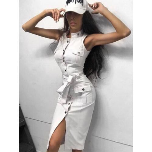 Streetwear Dress 2021 Women Sleeveless Stand Collar Pocket Button Up Dress with Sashes White/black Dress Bodycon