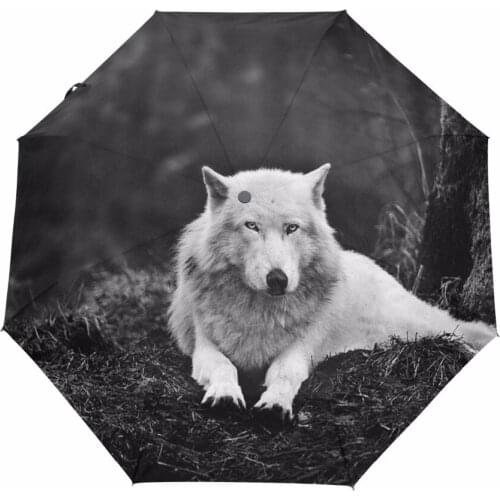 Wolf Printed Automatic Umbrella Rain Women Wind Resistant Three Folding Umbrella Parapluie Anti-UV Inside Black Coating Parasol