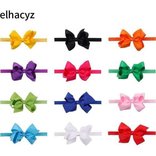 12pcs/lot Candy Colors 4.5'' Hair Bow Tie Headband DIY Grosgrain Ribbon Bow Elastic Hair Bands Girls Children Hair Accessories