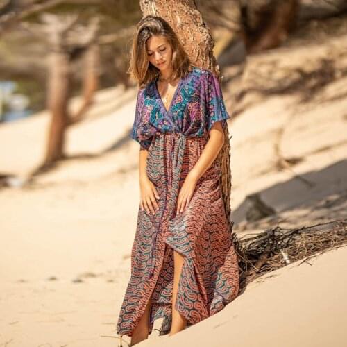 2021 New Arrive Bohemia V-neck Floral Dress Lady girl Beach bikini covers Tropical Safari Caftan Kaftan Maxi Split Sexy Dress