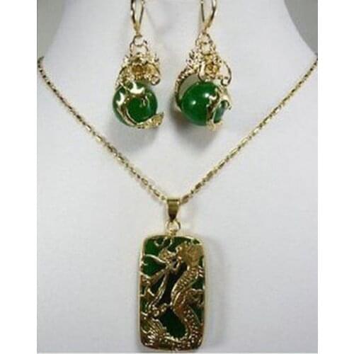 FREE SHIPPING>>@> Jewelry Fashion New Green stone Dragon Pendant necklace earring set For Women Natural jewelry