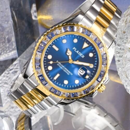PLADEN Gold and Silver Waterproof Mens Watches Luxury Brand Blue Diamond Timepieces AAA Relojes Automatic Date Relogio Masculino