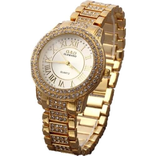 G&D Women Single Chain Gold Stainless Steel Band Womens Fashion Rhinestone Watch Analog Wrist Watches