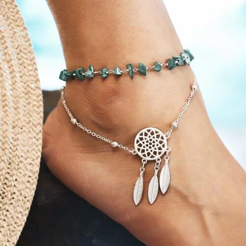 European And American New Hollow Dream Catcher Irregular Bracelet Boho Feather Feather Pendant Beach Anklet