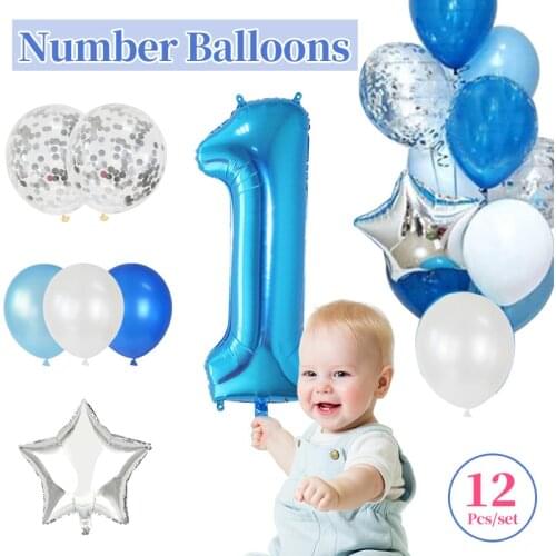 Fogtail 12Pcs/set Blue Number Foil Latex Balloons Boy Decor Baby Balloon for Kids Birthday Decoration 1st One Year Birthday