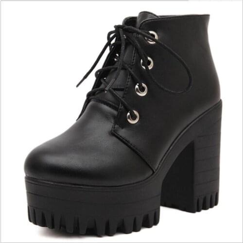 Classic Spring Autumn Women Shoes Black High Heels Boots Lacing Platform Ankle Boots Chunky Heel Leather Shoes Lace-up booties