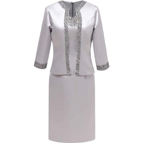 Beads Three Quarters 3/4 Sleeves Satin Short Mother Of the Bride Dress With Jacket For Wedding Party Vestido De Festa SL-M22