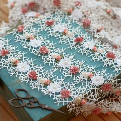 50cm Pearls Beaded Lace Trim Ribbon 3D Flowers Wedding Bridal Dress Sewing Applique Clothes Costume Hat Supplies Pink White DIY