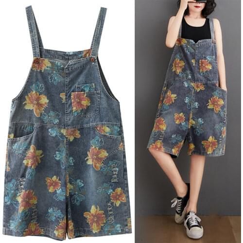Plus Size Summer Knee Length Denim Jumpsuits Strap Casual Printed Pocket Playsuits Women Jeans High Waist Pants Overalls Rompers