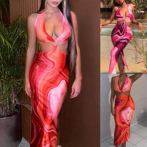 Hot SalesSexy Dress Sleeveless Bodycon Women Adjustable Halter Printed Backless Maxi Dress for Beach