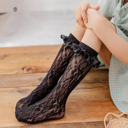 Cute princess rose flower hollow mesh lace middle tube socks summer mosquito socks Japanese pile socks campus style socks