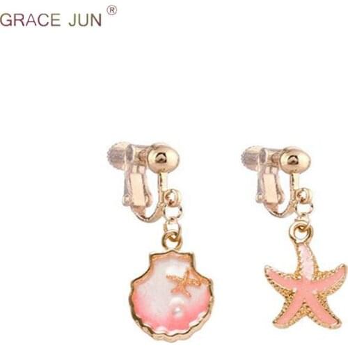 GRACE JUN Korea Style Fashion Enamel Ocean Shell Starfish Shape Clip on Earrings for Girls Elegant Screw Cuff Earrings Good Gift
