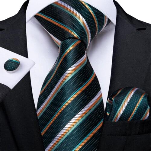 Fashion Men Tie Green Gold Striped Silk Wedding Tie For Men Hanky Cufflink Gift Tie Set DiBanGu Novelty Design Business MJ-7301