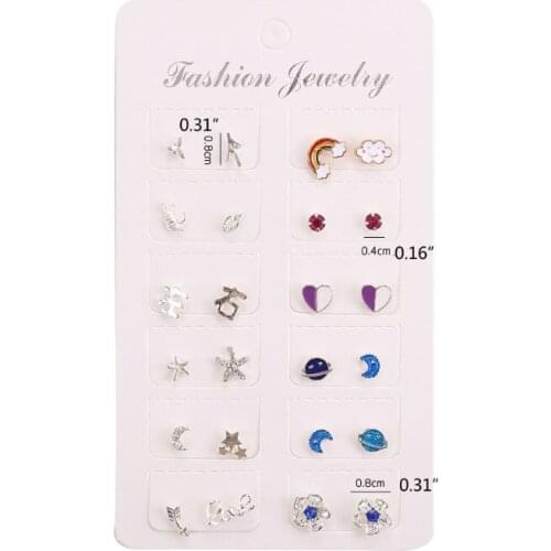 12 Pairs Mixed Women Star Heart Moon Crystal Rainbow Stud Earrings Kit Jewelry E15E
