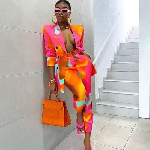 Streetwear Tie Dye Print Casual Slim Buttons Long Sleeve Blazers & Pants Women Two Pieces Pants Set Femme Vintage Outfit 70124