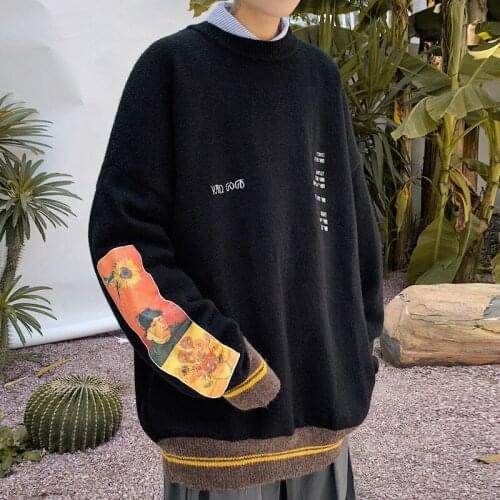 Dropshipping Van Gogh Sleeve Patchwork Pullover Knit Sweater Mens Embroidery O-Neck Knitwear Hip Hop Streetwear Sweaters Tops