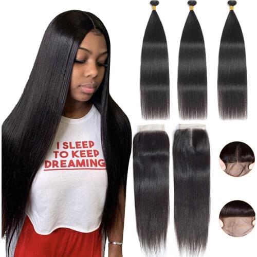 Straight Bundles With Closure 4x4 HD Transparent Lace Frontal Closure With Bundles malaysian Hair Weave Extension