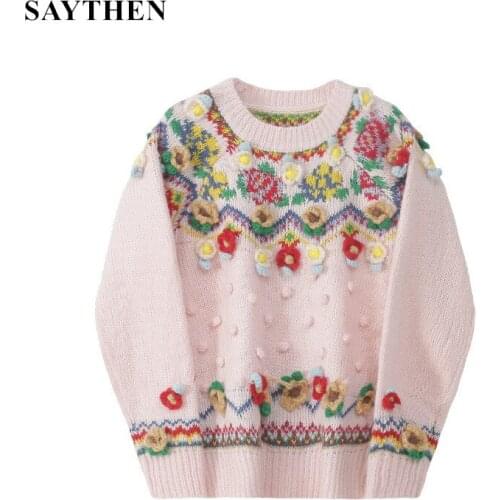 SAYTHEN Embroidery 3D Flower Chain Link Wool Ball Pullover Womens 2021 Spring And Winter New Product Korean Tops For Lady