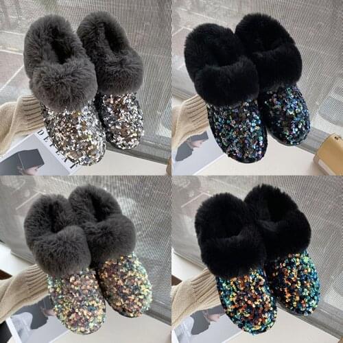 Warm womens sequins winter boots flat shoes and ankle snow boots womens 2020 fashion sequins round head casual shoes womens B