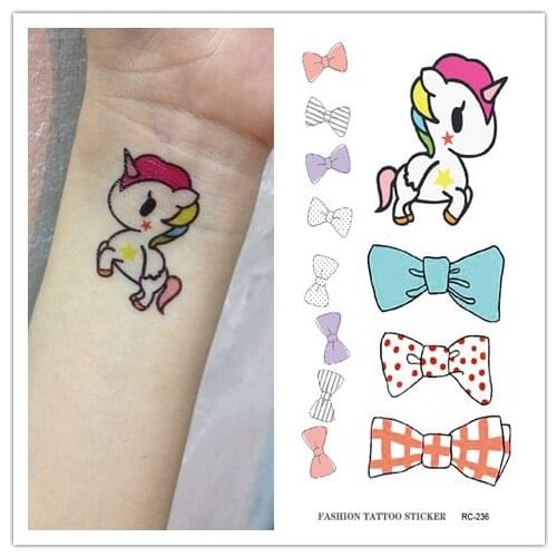 Waterproof Temporary Tattoo Sticker on body unicorn horned horse bow tatto stickers flash tatoo fake tattoos for girl kids child