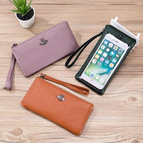 Womens Wallets Ladies Long Genuine Leather Wallet Transparent Phone Pocket Bag Brand Zipper Leather Clutch Purse with Wristlet