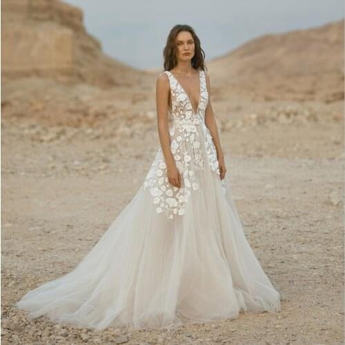 New Cheap Wedding Dresses 2020 Tulle Applique A Line Deep V Neck Vestidos De Novia Customize Sweep Train Backless Bridal Gowns