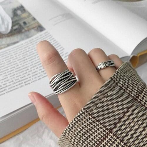 HUANZHI 2020 Simple Chain Vintage Multilayer Tibetan Silver Adjustable Ring Geometric Modeling Metal Rings for Women Men Jewelry