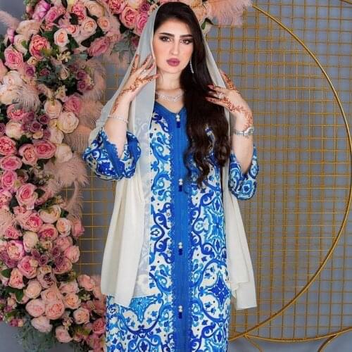 AB076 Luxury Dress Sky Blue Abaya Soiree Muslim Woman Hijab Set Islamic Clothing World Apparel Store Turkish Beautiful Print