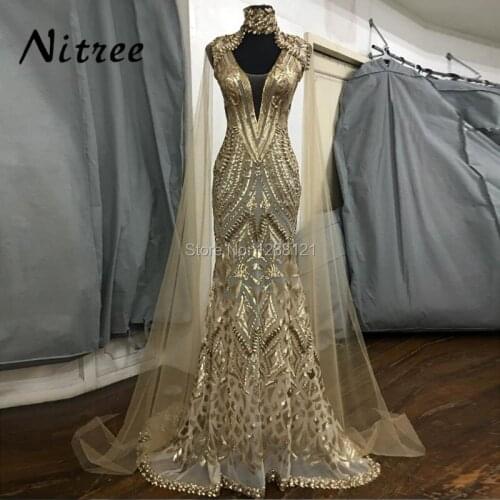 African Gold Sequins Evening Dresses With Jacket Dubai Turkish Aibye Gowns Galajurk Mermaid Formal Party Abendkleider Prom Dress