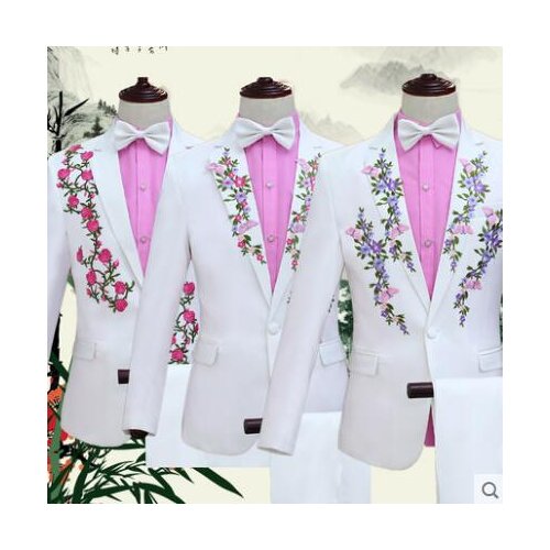 White 2020 new arrival slim singer men suit set with pants mens embroidery suits formal dress mens groom suit + pant + tie