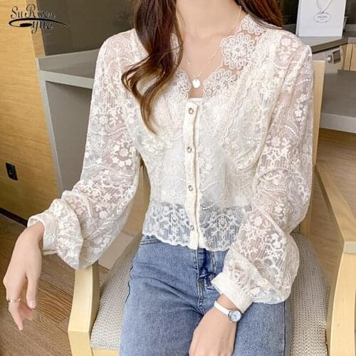 Autumn Korean Gentle Lace Long Sleeve Chiffon Shirt Crochet Floral Embroidery Blouse Women Fashion V -neck Slim Women Tops 13515