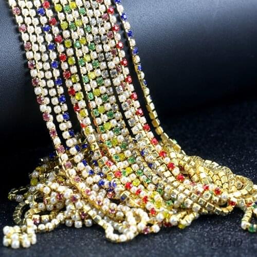 New ABS Pearl Rhinestone Chain 10yards/roll Crystal Glass SS6/ 2mm Golden Base Cup Close Chains Apparel Sewing Style diy